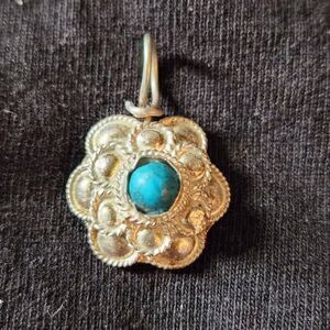 Vintage Sterling Silver Floral Turquoise Rosette Pendant Textured Boho Charm